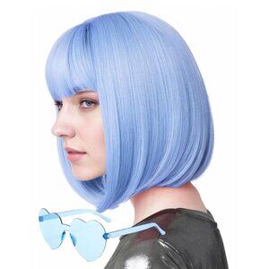 Women's Haze Blue 12 Inch Costume Cosplay Party Short Bob Wigs And Sunglass